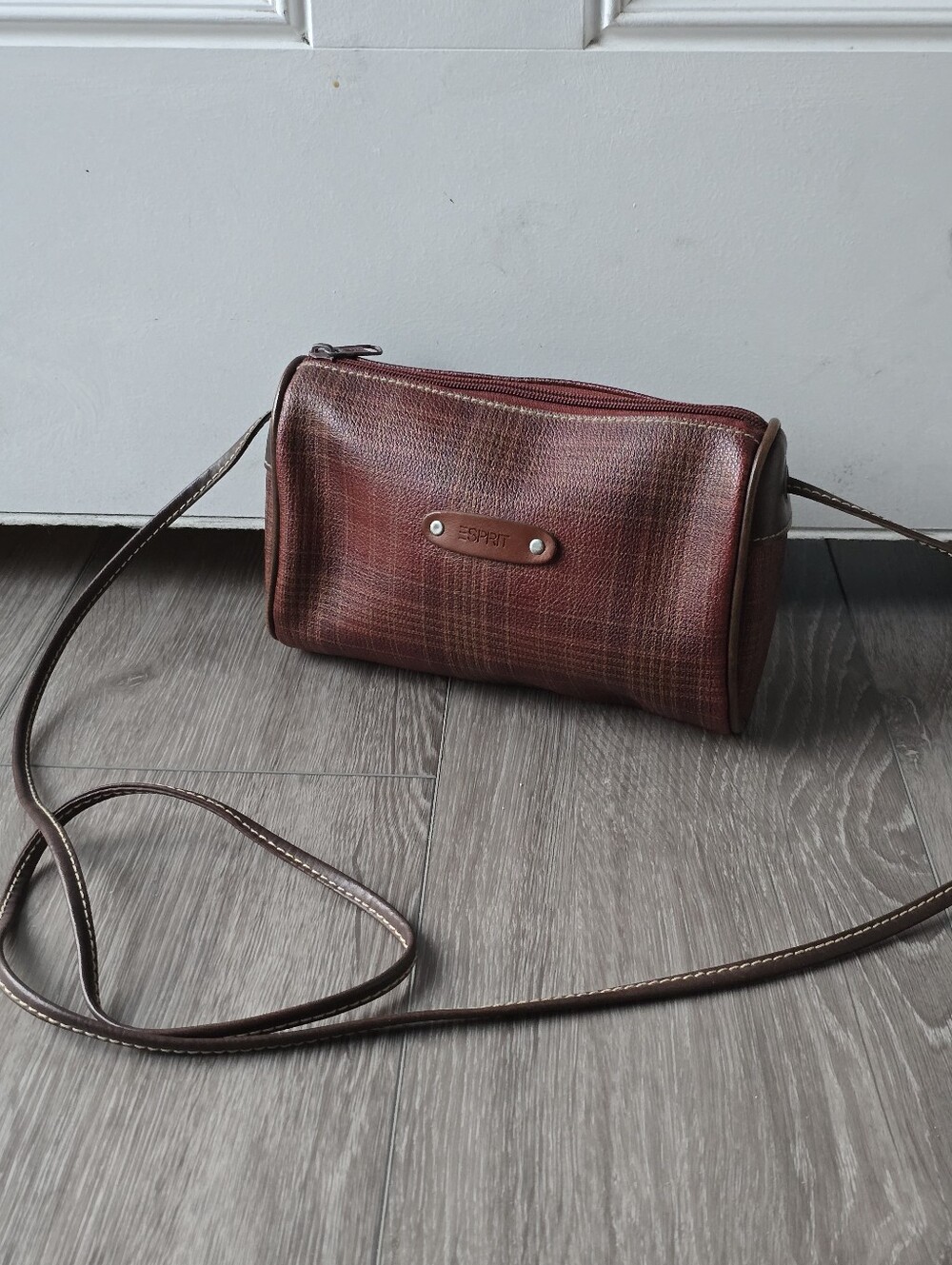 Esprit Plaid Crossbody Bag Barrel Oxblood Brown Dark Academia Preppy Purse